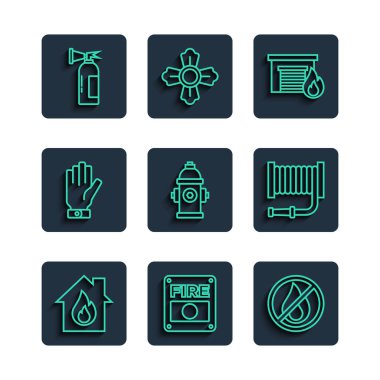 Set line Fire in burning house, alarm system, No fire, garage, hydrant, Firefighter gloves, extinguisher and hose reel icon. Vector