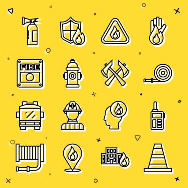 Set line Traffic cone, Walkie talkie, Fire hose reel, flame in triangle, hydrant, alarm system, extinguisher and Firefighter axe icon. Vector