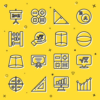Set line Graph, schedule, chart, diagram, Square root of x glyph, Geometric figure Sphere, Angle bisector triangle, Abacus, Chalkboard and icon. Vector