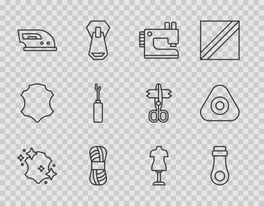 Set line Leather, Zipper, Sewing machine, Yarn, Electric iron, Awl tool, Mannequin and chalk icon. Vector