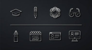 Set line Graduation cap, Fountain pen nib, Glasses, Online class, Calendar, Marker, and Atom icon. Vector