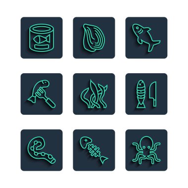 Set line Octopus of tentacle, Fish skeleton, Shark, Seaweed, Served fish plate, Canned and with sliced pieces icon. Vector