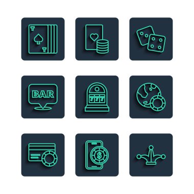 Set line Credit card, Online poker table game, Joker playing, Game dice, Slot machine with jackpot, Alcohol bar location, Deck of cards and Casino chips icon. Vector