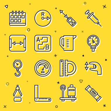 Set line Construction bubble level, Approximate measurements, Pressure water meter, Laser distance measurer, Route location, Area, Calendar and Measuring cup icon. Vector