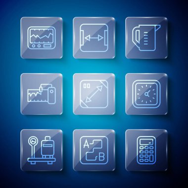 Set line Scale with suitcase, Route location, Calculator, Measuring cup, Diagonal measuring, instrument, and Clock icon. Vector