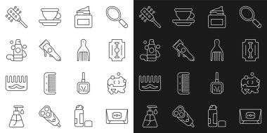 Set line Blade razor, Bar of soap with foam, Cream cosmetic jar, Electrical hair clipper, Bottle shampoo, Hairbrush and Barrette icon. Vector
