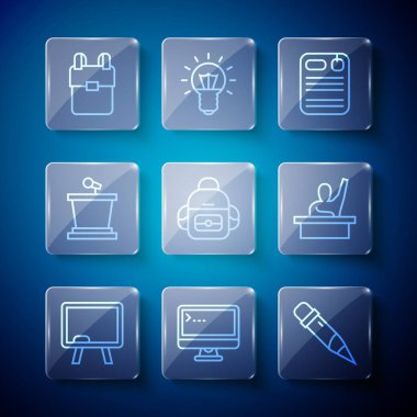 Set line Chalkboard, Computer monitor, Pencil with eraser, Dossier folder, School backpack, Stage stand, and Male kid raising hand icon. Vector