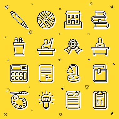 Set line Exam sheet with check mark, Book, Schoolboy sitting at desk, building, Male kid raising hand, Pencil case stationery, Marker pen and Medal icon. Vector