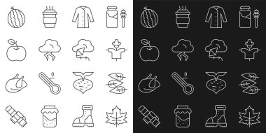 Set line Leaf or leaves, Scarecrow, Raincoat, Storm, Apple, Watermelon and Kite icon. Vector