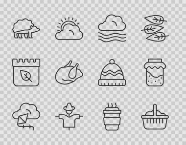 Set line Kite, Basket, Windy weather, Scarecrow, Hedgehog, Roasted turkey or chicken, Coffee cup to go and Jam jar icon. Vector