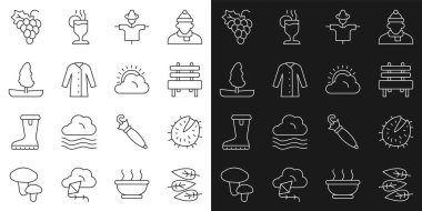 Set line Leaf or leaves, Chestnut, Bench, Scarecrow, Raincoat, Tree, Grape fruit and Sun and cloud weather icon. Vector