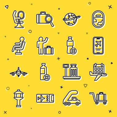 Set line Trolley baggage, Calendar and airplane, Mobile with ticket, Globe flying, Tourist suitcase, Human waiting airport terminal, Airplane seat and No water bottle icon. Vector