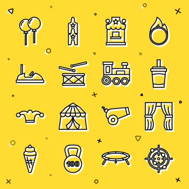 Set line Target sport, Circus curtain raises, Paper glass with water, Ticket box office, Drum drum sticks, Bumper car, Balloons ribbon and Toy train icon. Vector