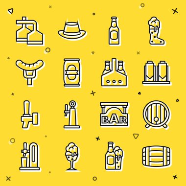 Set line Wooden barrel, Beer brewing process, bottle, can, Sausage on the fork, and Pack of beer bottles icon. Vector