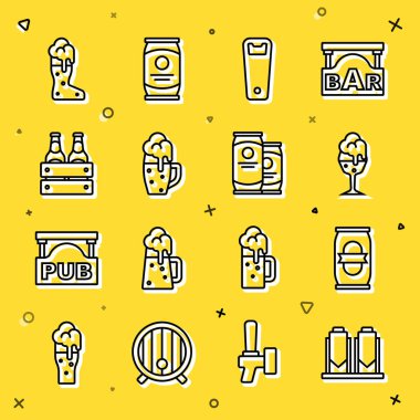 Set line Beer brewing process, can, Glass of beer, Bottle opener, Pack bottles, Boot glass and icon. Vector
