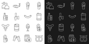 Set line Pretzel, Glass of beer, Metal keg, Beer tap, bottle and can, brewing process and Sausage icon. Vector