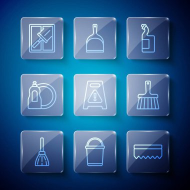 Set line Handle broom, Bucket, Sponge, Dishwashing liquid bottle, Wet floor, Rubber cleaner for windows and icon. Vector