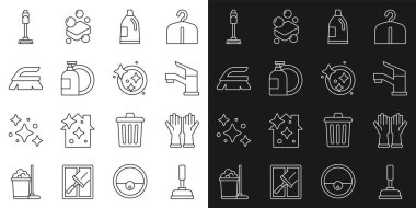 Set line Rubber plunger, gloves, Water tap, Bottle for cleaning agent, Dishwashing liquid bottle, Brush, Vacuum cleaner and Washing dishes icon. Vector