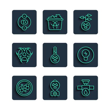 Set line Molecule, Nuclear bomb, Industry pipe and valve, Radioactive, Meteorology thermometer, Biohazard symbol, Atom and Light bulb with concept of idea icon. Vector