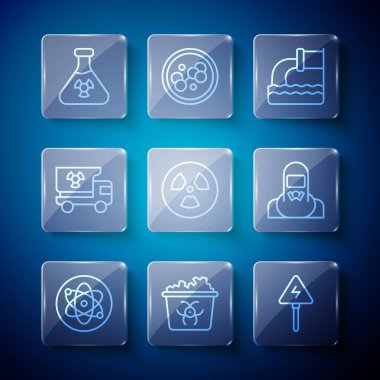 Set line Atom, Infectious waste, High voltage sign, Wastewater, Radioactive, Truck with radiation materials, Test tube and Nuclear reactor worker icon. Vector