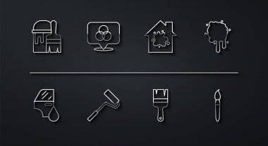 Set line Paint bucket with brush, Car painting, spray, roller, RGB and CMYK color mixing, and Painting the house icon. Vector