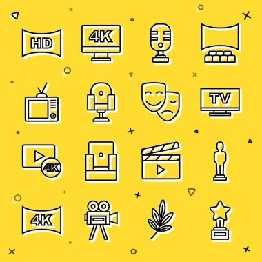 Set line Movie trophy, Smart Tv, Microphone, Director movie chair, Retro tv, Hd movie, tape, frame and Comedy and tragedy masks icon. Vector