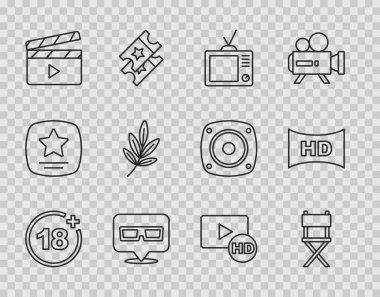 Set line Plus 18 movie, Director chair, Retro tv, 3D cinema glasses, Movie clapper, trophy, Hd tape, frame and icon. Vector