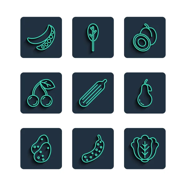 Set line Potato, Fresh cucumber, Cabbage, Plum fruit, Cherry, Green peas and Pear icon. Vector —  Vetores de Stock