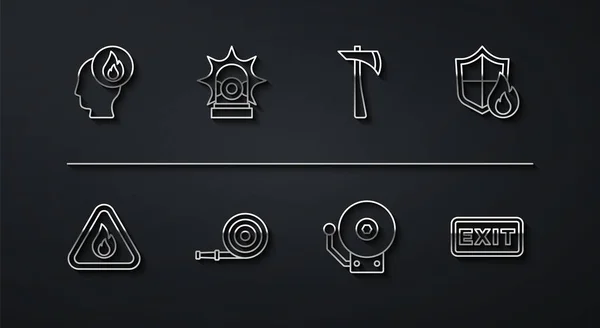Set line Firefighter, flame in triangle, protection shield, Ringing alarm bell, hose reel, Flasher siren, exit and axe icon. Vector — Stockvektor