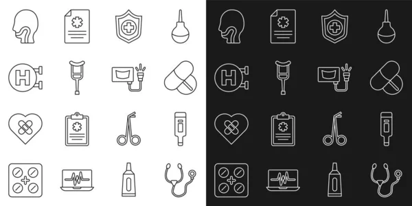 Set line Stethoscope, Digital thermometer, Medicine pill or tablet, Life insurance hand, Crutch crutches, Hospital signboard, Sore throat and Ultrasound icon. Vector — Stock Vector