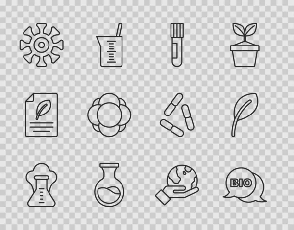 Set line Chemical explosion, Bio healthy food, Test tube and flask, Bacteria, Molecule, Hand holding Earth globe and Leaf or leaves icon. Vector — Stockvektor