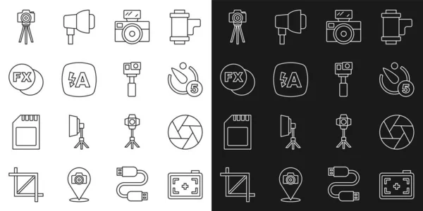 Set line Photo camera, Camera shutter, timer, with flash, Auto, fx, and Action icon. Vector — Archivo Imágenes Vectoriales