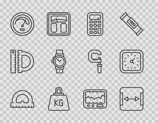 Set line Protractor, Area measurement, Calculator, Weight, Speedometer, Wrist watch, Measuring instrument and Clock icon. Vector — Image vectorielle