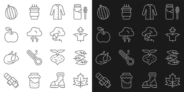 Set line Leaf or leaves, Scarecrow, Raincoat, Storm, Apple, Watermelon and Kite icon. Vector — Image vectorielle