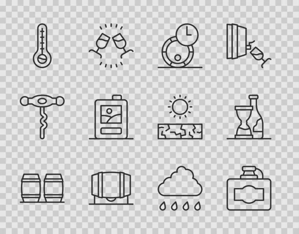 Set line Wooden barrel for wine, Cardboard box of, Meteorology thermometer, Cloud with rain and Bottle icon. Vector — Διανυσματικό Αρχείο