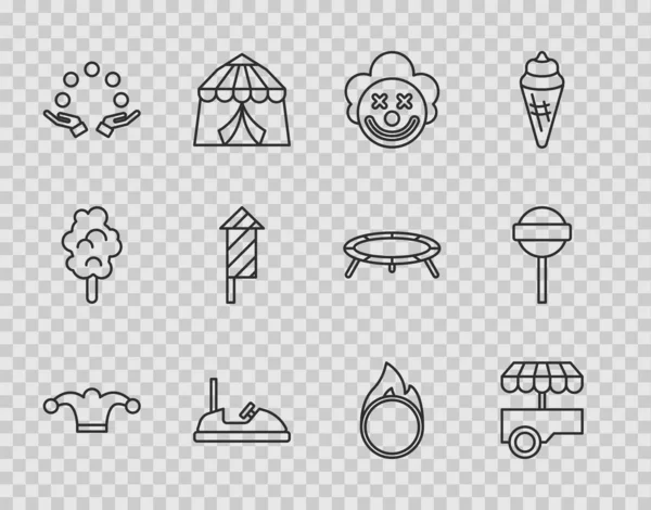 Set lijn Nar hoed met klokken, Fast street food kar, Clown hoofd, Bumper, Jongleren bal, Vuurwerk raket, Circus vuur hoepel en Lollipop pictogram. Vector — Stockvector