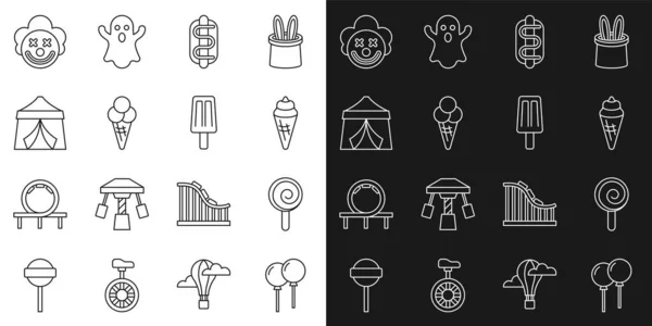 Set line Balloons with ribbon, Lollipop, Ice cream in waffle cone, Hotdog sandwich, Circus tent, Clown head and icon. Vector — Image vectorielle