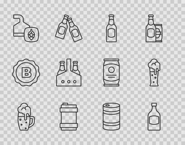 Set line Glass of beer, Beer bottle, Metal keg, brewing process, Pack bottles, and icon. Vector — Stock Vector