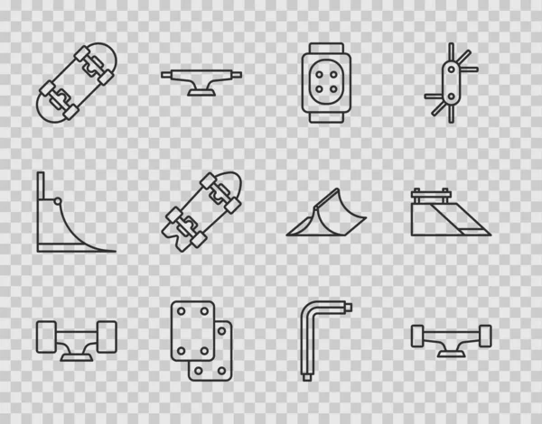 세트 라인 스케이트 보드 휠, 무릎 패드, 롱 보드 또는 스케이트 보드, 툴 알렌 키와 파크 아이콘. Vector — 스톡 벡터