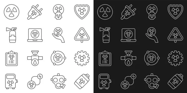 Set line Nuclear energy battery, Radioactive, Triangle with radiation, laptop, Fire extinguisher, and icon. Vector — Stock vektor