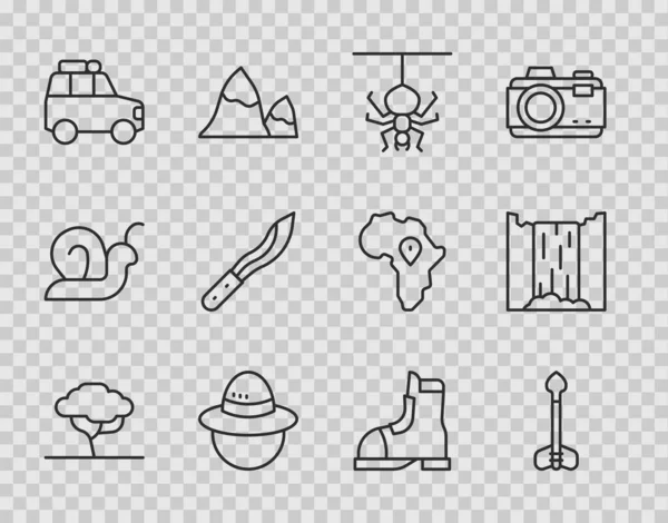 Set line Arbre africain, flèche, araignée, chapeau de camping, voiture, machette, bottes Hunter et icône cascade. Vecteur — Image vectorielle