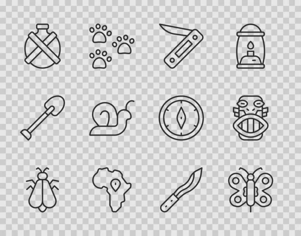 Set line Mosquito, Butterfly, Swiss army knife, Map of Africa, Canteen water bottle, Snail, Machete and Mexican mayan or aztec mask icon. Vector — Vetor de Stock