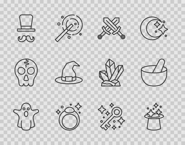 Set line Ghost, Magic hat, Crossed medieval sword, stone ring, Magician, Witch, Old magic key and cauldron icon. Vector — стоковый вектор