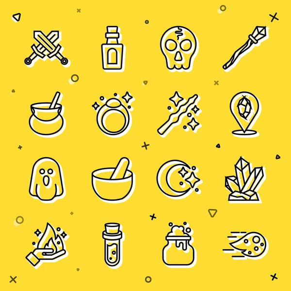 Set line Fireball, Magic stone, Skull, ring, Witch cauldron, Crossed medieval sword and wand icon. Vector — Vetor de Stock
