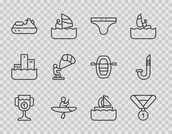 Set line Award cup, Medal, Swimming trunks, Kayak and paddle, Jet ski, Kitesurfing, Yacht sailboat and Snorkel icon. Vector — Stockvektor