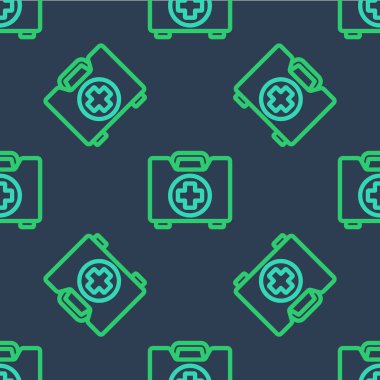 İlk yardım çantası simgesi mavi arka planda izole edilmiş. Haçlı sağlık kutusu. Acil durumlar için tıbbi ekipman. Sağlık sigortası konsepti. Vektör