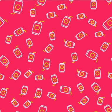 Line Soda can with drinking straw icon isolated seamless pattern on red background.  Vector