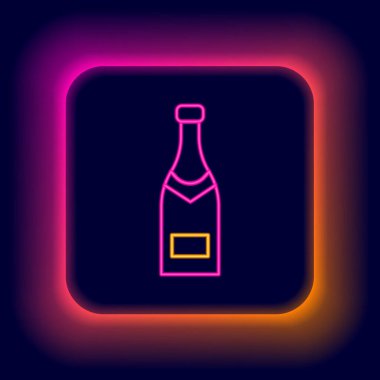 Parlayan neon hattı, siyah arka planda izole edilmiş şampanya şişesi ikonu. Renkli taslak konsepti. Vektör
