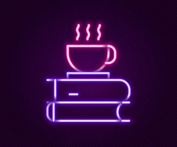 Leuchtende Neon Linie Kaffeetasse Und Buch Symbol Isoliert Auf Schwarzem — Stockvektor