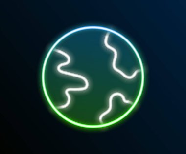 Parlayan neon hattı dünya çapında simge siyah arkaplanda izole edildi. Yerküreye iğnele. Renkli taslak konsepti. Vektör